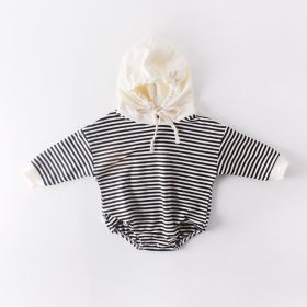 Ins Autumn Baby Striped Baby Clothes Hooded One-piece Hatching Climbing Suit Thickened (Option: Black stripe-73CM)