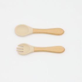 Baby Food Grade Wooden Handles Silicone Spoon Fork Cutlery (Color: Apricot, Size/Age: Average Size (0-8Y))
